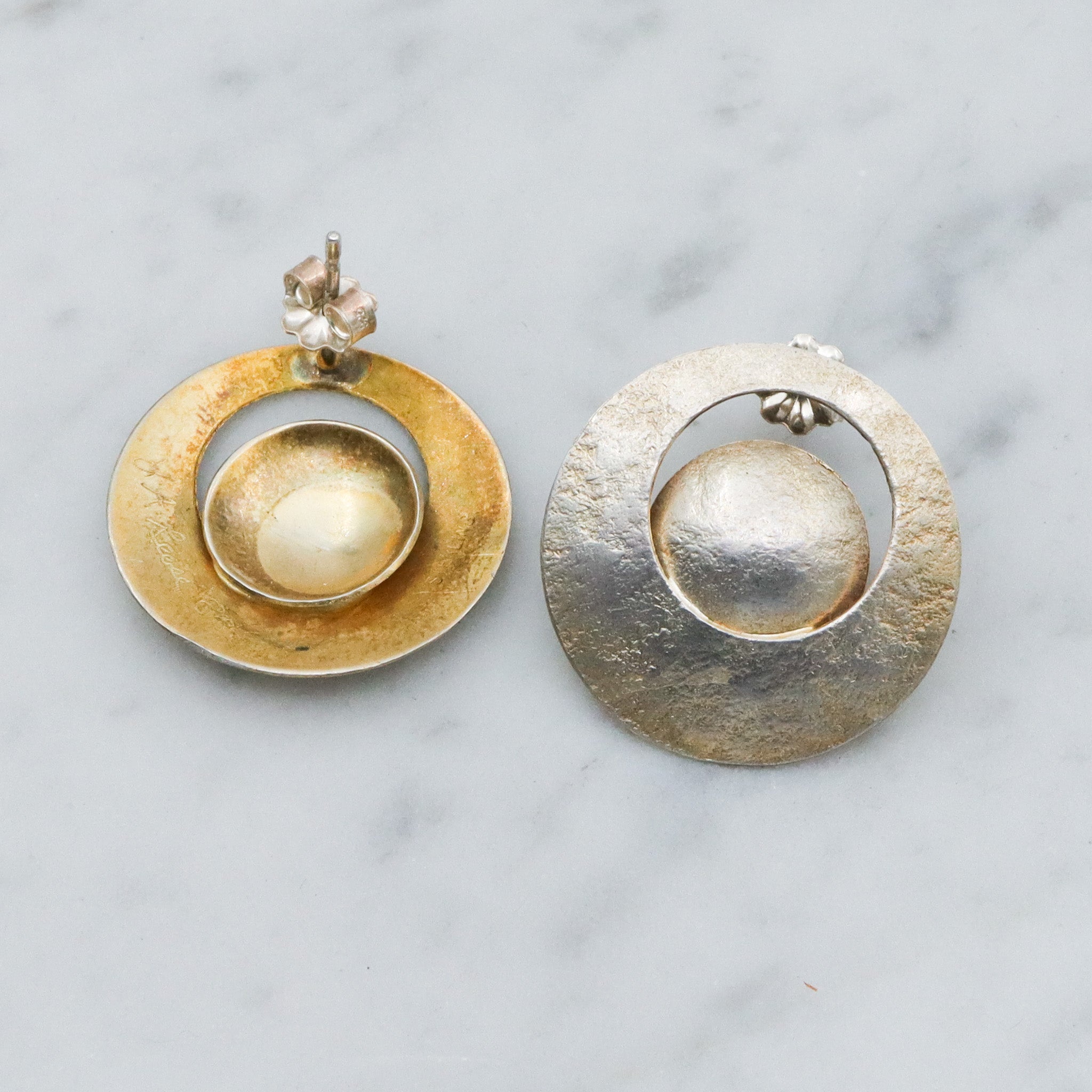 Mid Century gold vermeil sterling silver disc earrings, artist signed